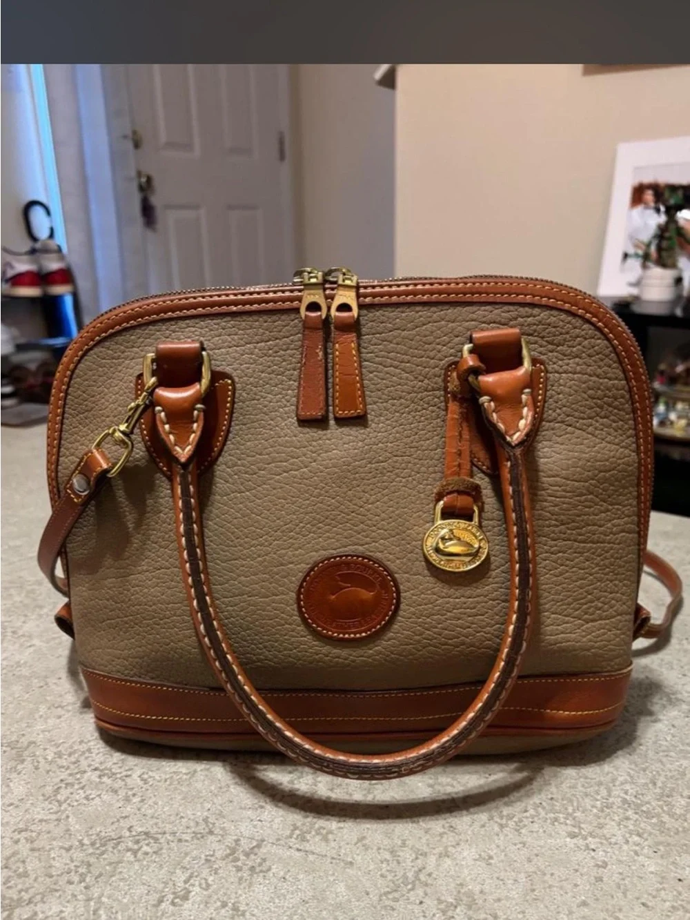 Dooney & Bourke vintage AWL Taupe Pebbled Leather Satchel with Brown Trim
